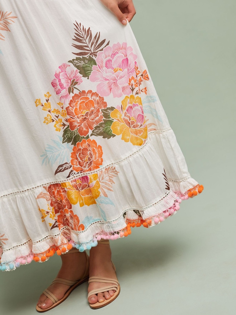 Floral White Tiered Maxi Dress with Pink & Orange Blooms - Picture 3 of 15